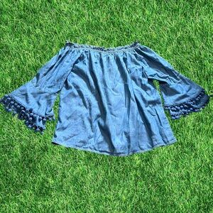 Denim Blue Relaxed Blouse with Bell Sleeves